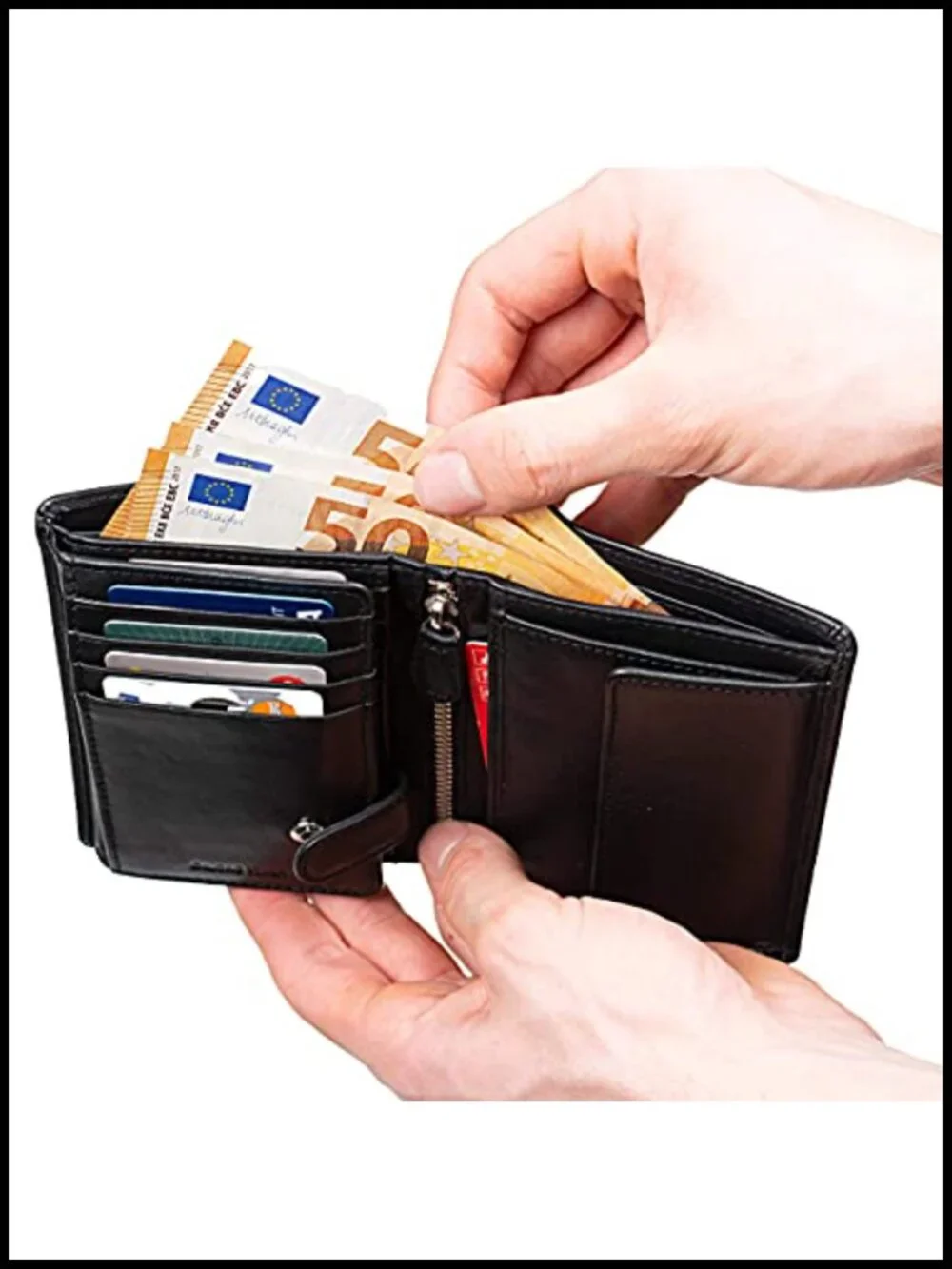 Men's Full Grain Leather Bifold RFID Wallet with Coin and Zip Pockets